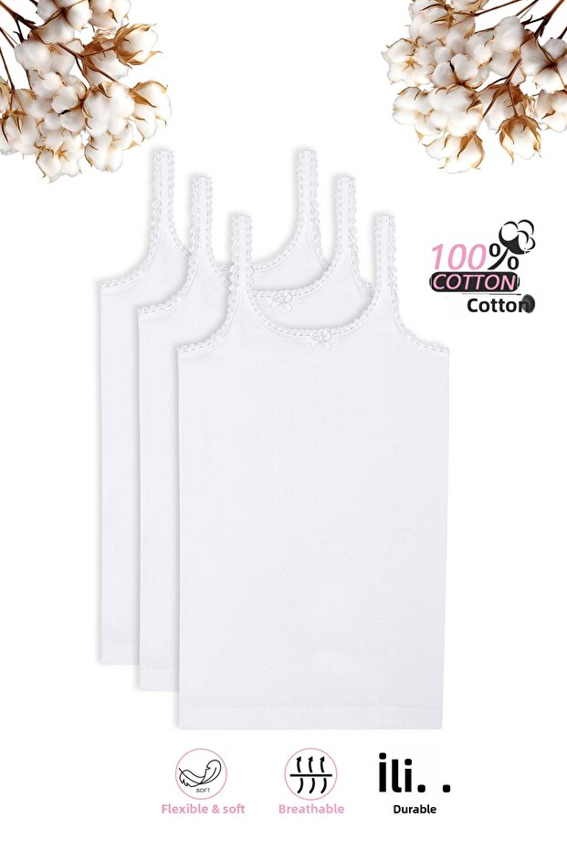 Özkan 1610 3-Pack Girls' 100% Cotton Ribbed Collar with Lace Detail Flexible Comfortable Thin Strap Pattern