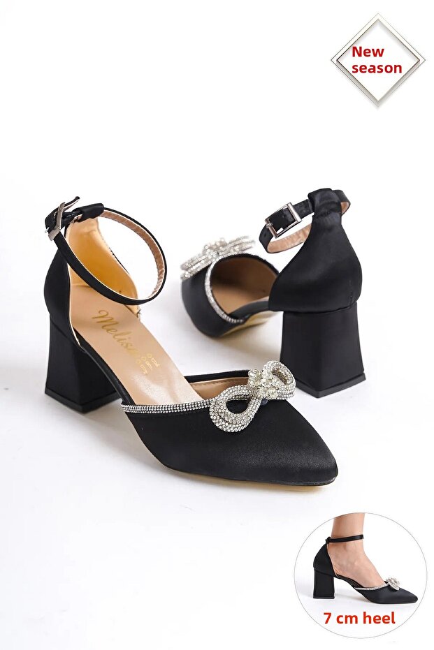 Black Satin Women's Rhinestone Bow Heeled Shoes BG1042-119-0019