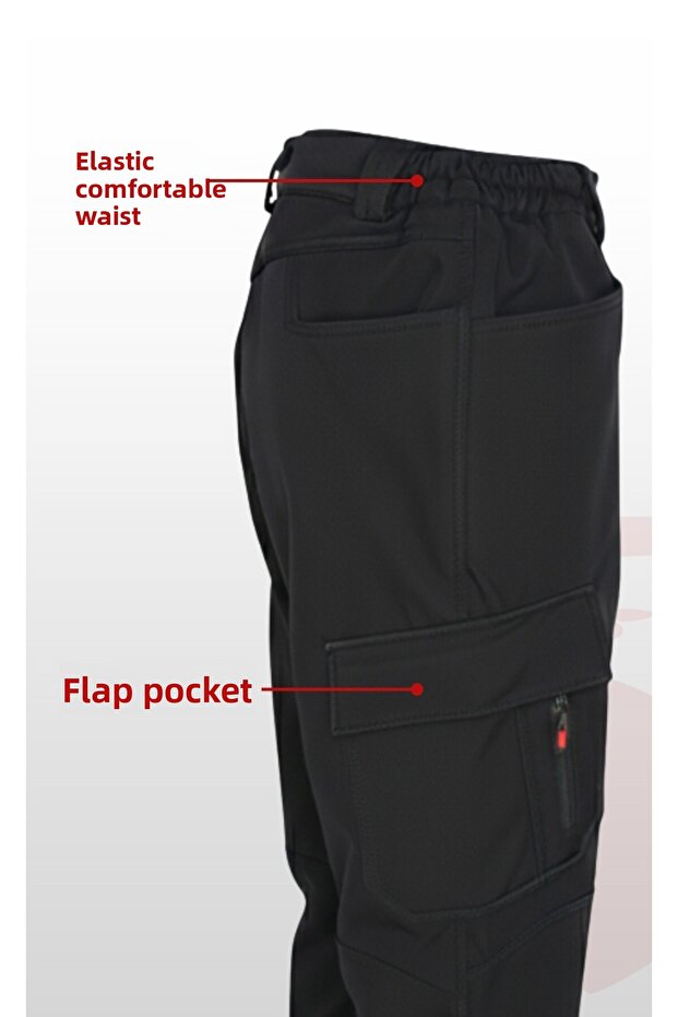 بنطلون عمل أسود من السوفت شيل |   مقاوم للماء، مقاوم للرياح، متعدد الجيوب، قماش مرن - 2