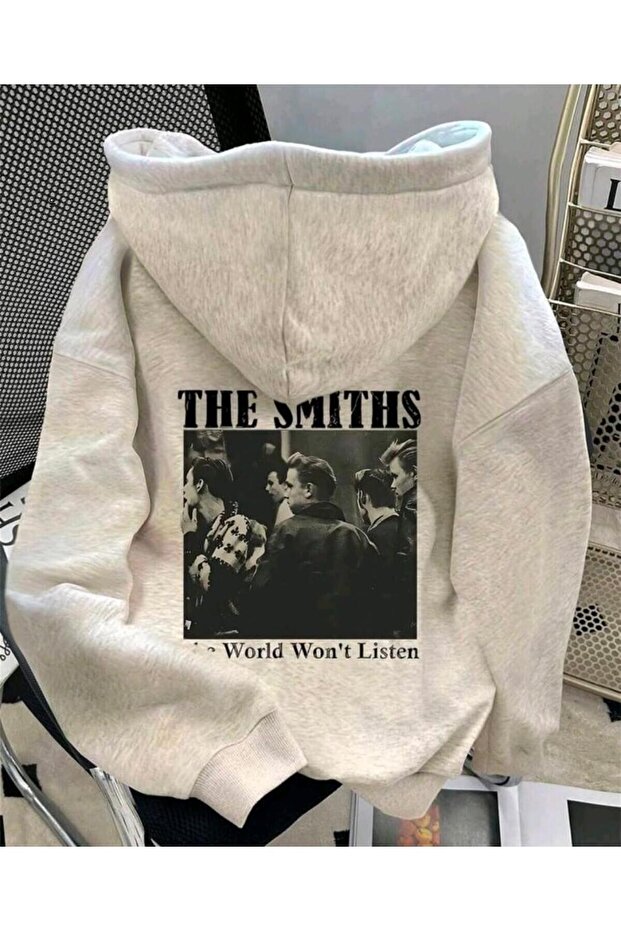سويت شيرت رمادي كبير الحجم بقلنسوة للجنسين مطبوع عليه The Smiths للنساء/الرجال