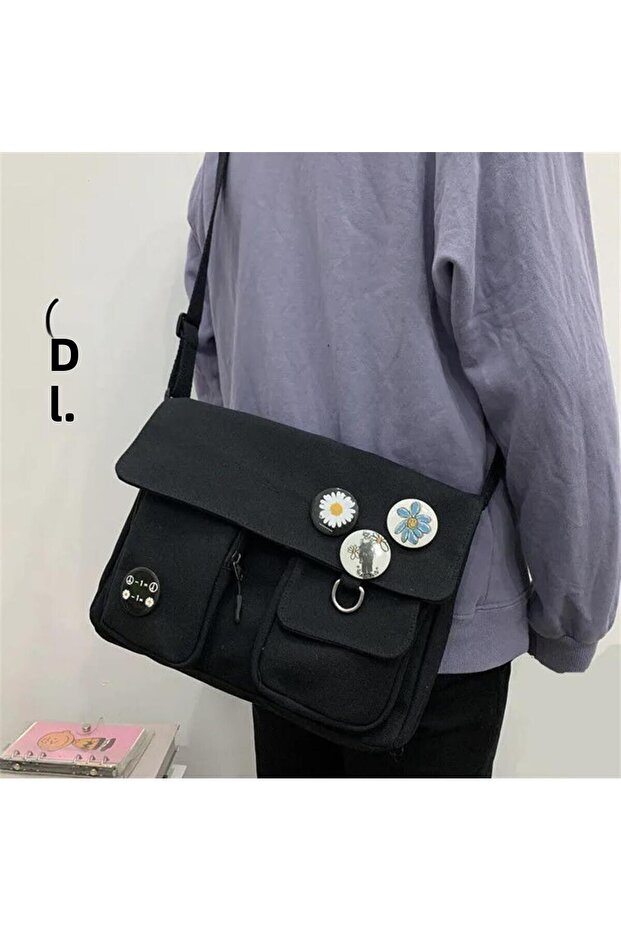dompuleri fashion Harajuku Unisex Unisex Black Messenger Bag with Pockets
