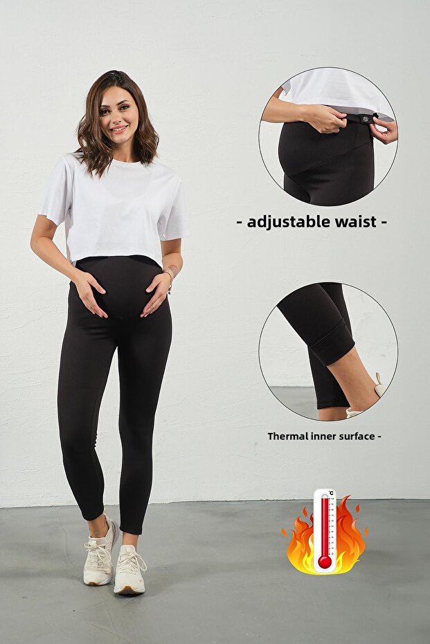 Terhes nőknek való, állítható derékrészű, bordázott termál leggings FEKETE - 1