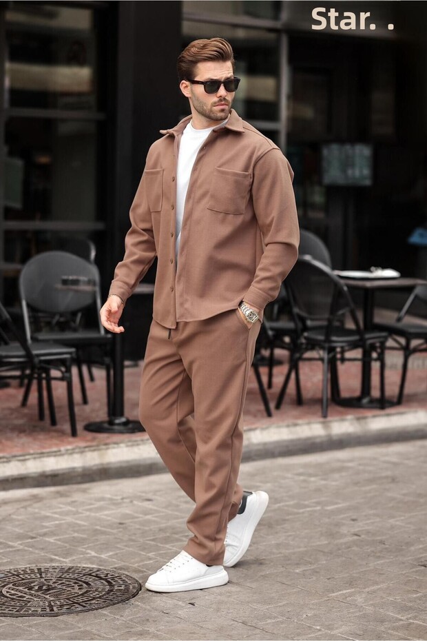 Brown Melton Men's Shirt and Trousers Two-Piece Set E7328