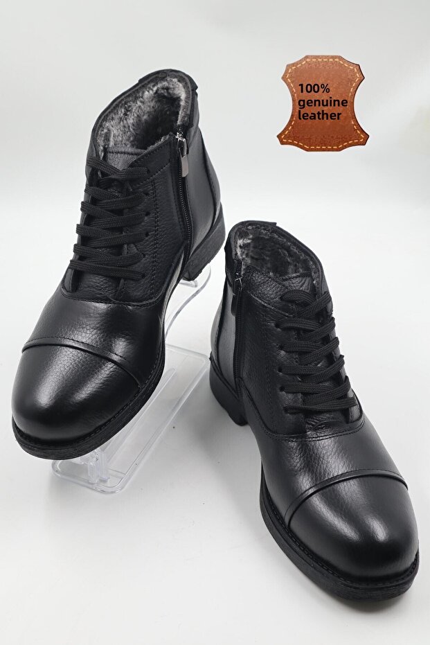 Men's Genuine Leather, Fur-Lined, Zip-Up, Black Casual Suit
