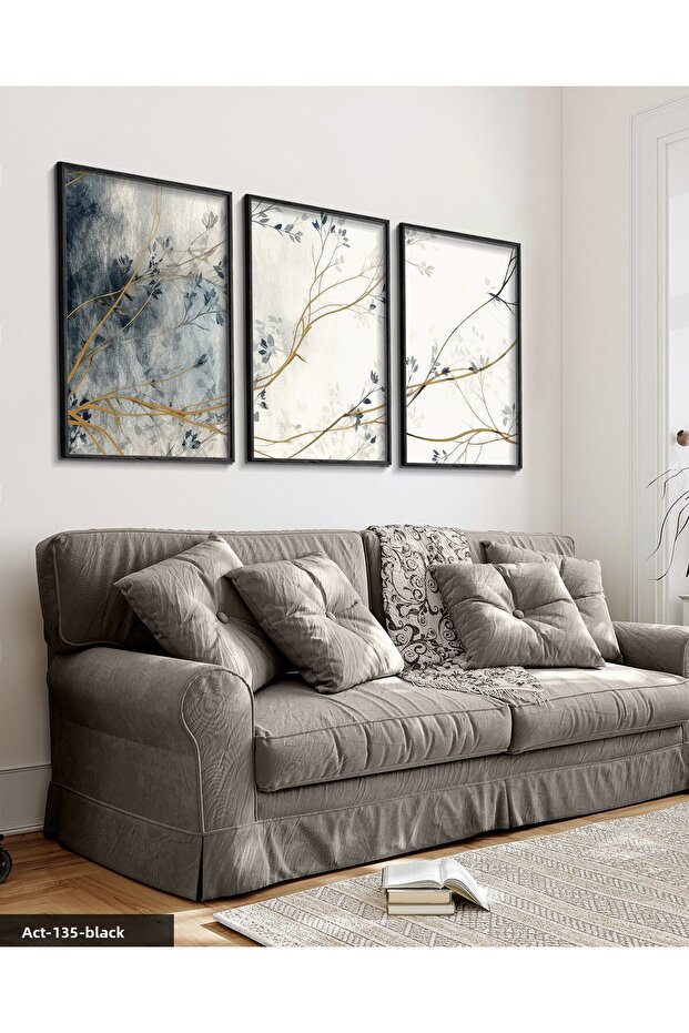 Blue Flower Tree 3 Piece Black Wooden Framed Painting Act
