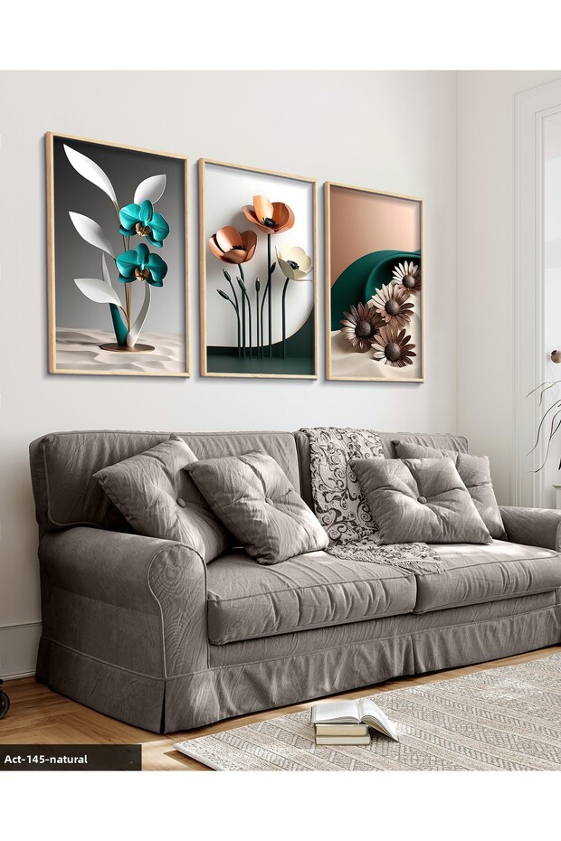 Elegant Blue and Pink Flowers 3 Piece Wooden Framed Painting Act
