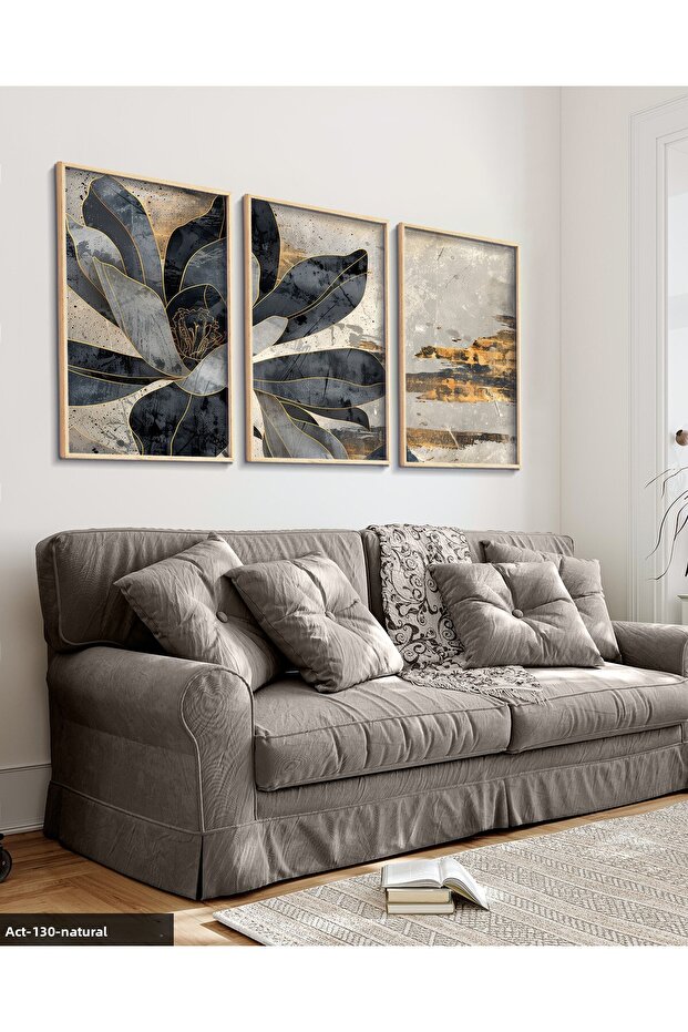 Gold Detailed Black Flower 3 Piece Wooden Framed Painting Act