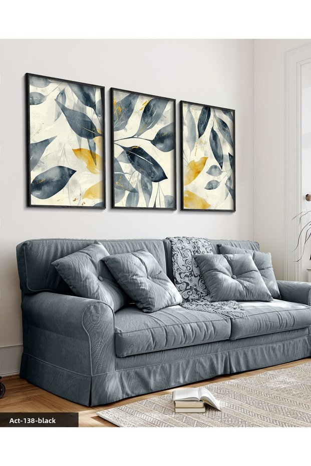 Boho Style Navy Blue and Gold Leaves 3 Piece Black Wooden Framed Painting Act