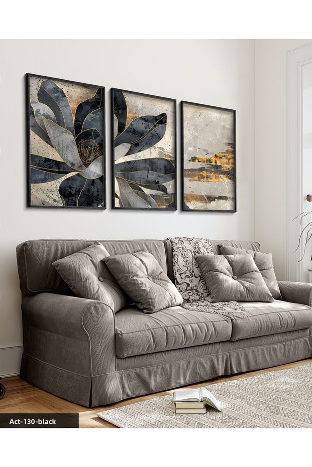 Gold Detailed Black Flower 3 Piece Black Wooden Framed Painting Act