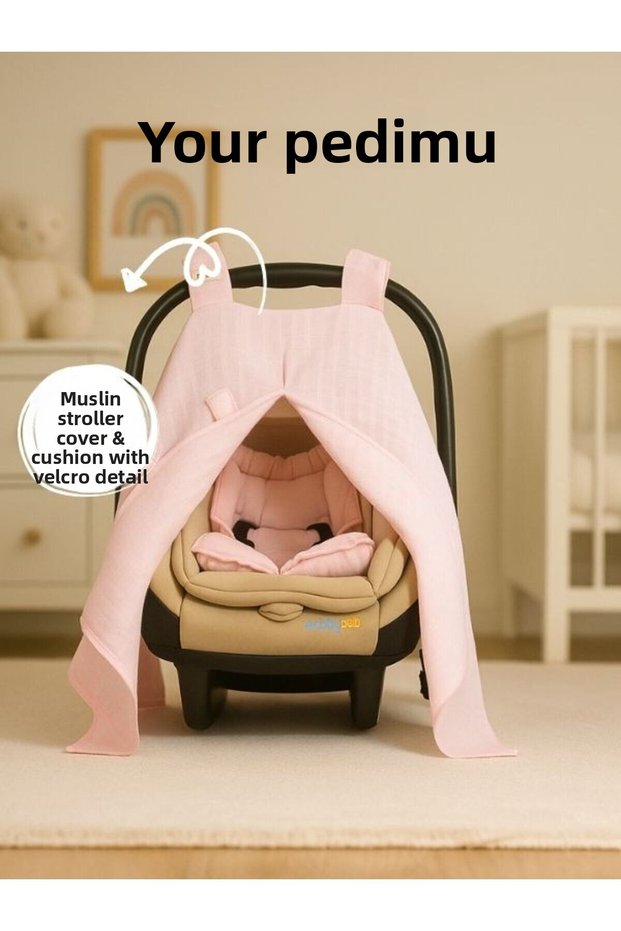 Muslin Pink Color Velcro Detailed Stroller Cover and Stroller Cushion Set