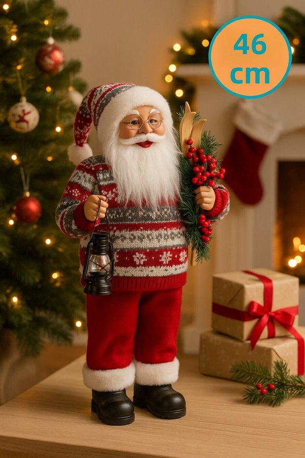 Santa Claus Figurine with Gas Lamp, Kokina Floral Christmas Decorative Ornament for Home Office 46 cm