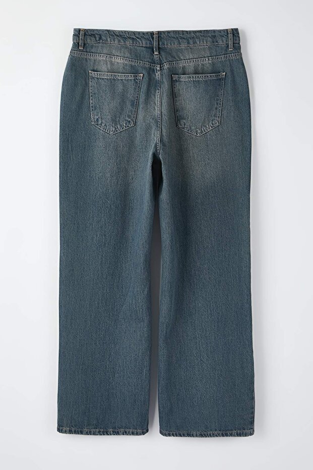 Indigo Yüksek Bel Wide Leg/Geniş Paça %100 Pamuk Non-Stretch Büyük Beden Jeans TBBAW26CJ00002 - 6