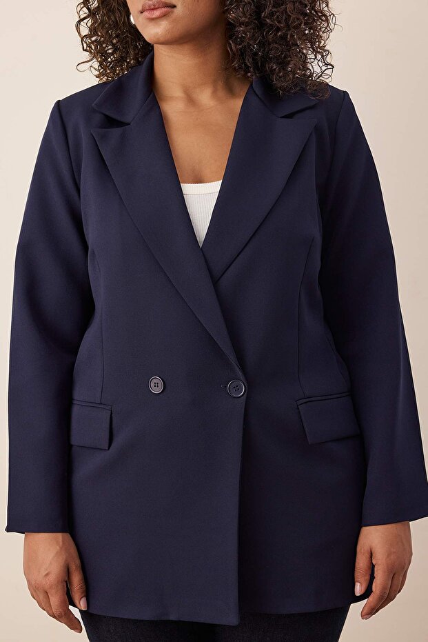 Granatowy regularny dwurzędowy płaszcz z podszewką, tkanina, duże rozmiary TBBAW25AG00022 - 3