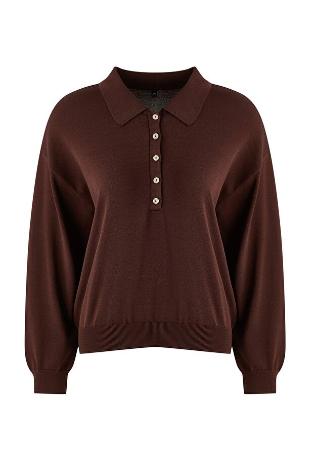 Wardrobe Essentials Kahverengi Merserize Görünümlü Polo Yaka Triko Kazak TBBAW26AN00057 - 4