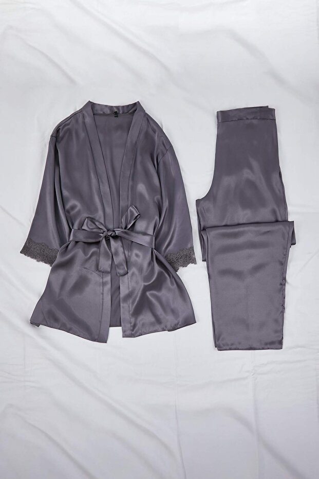 Antrasit 3'lü Çeyiz Set Dantel Detaylı Saten Dokuma Pijama Takımı TBBAW26AI00056 - 6