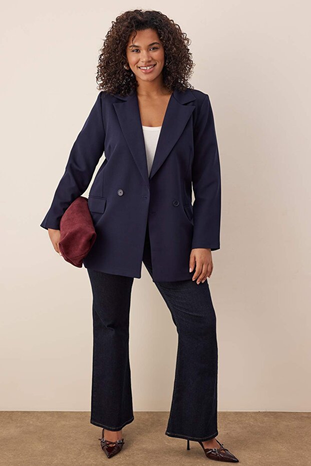 Granatowy regularny dwurzędowy płaszcz z podszewką, tkanina, duże rozmiary TBBAW25AG00022 - 1