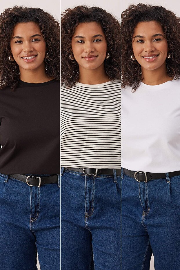 Çok Renkli 3'lü Paket Regular/Normal Kalıp Basic Bisiklet Yaka Örme T-Shirt TBBAW26BF00004 - 1