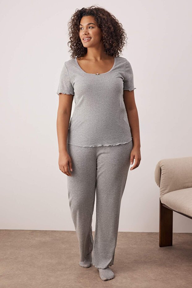 Gri Pointel Ajurlu/Delikli Örme Pijama Takımı TBBSS25AI00049 - 2