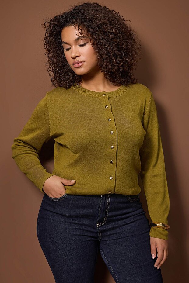 Wardrobe Essentials Yağ Yeşili Düğme Detaylı Pamuklu Basic Triko Hırka TBBAW26AV00042 - 1