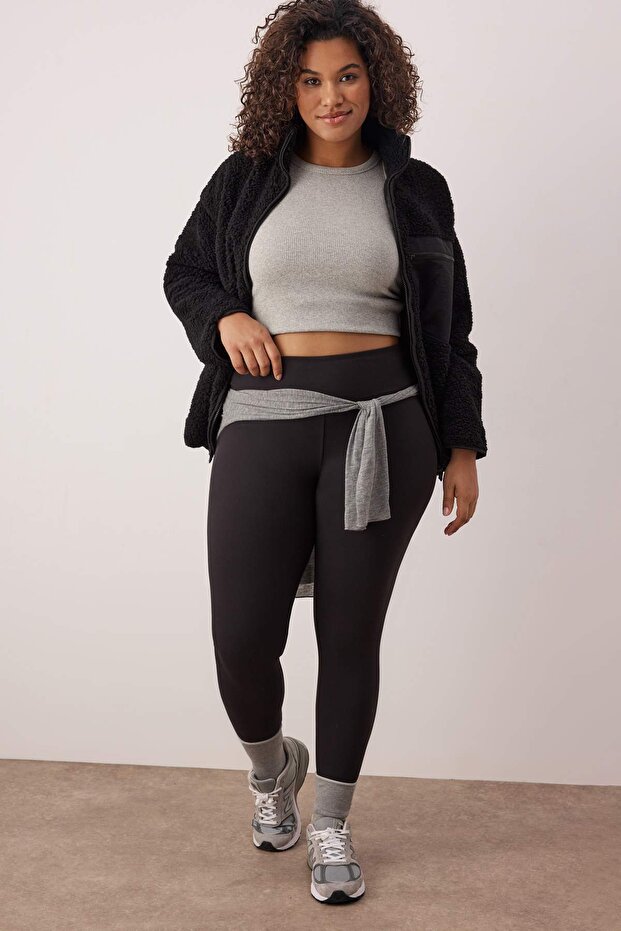 Siyah Soft Fırçalı Kumaş Reflektör Baskı Detaylı Tam Boy Örme Spor Tayt TBBAW26BV00007 - 1