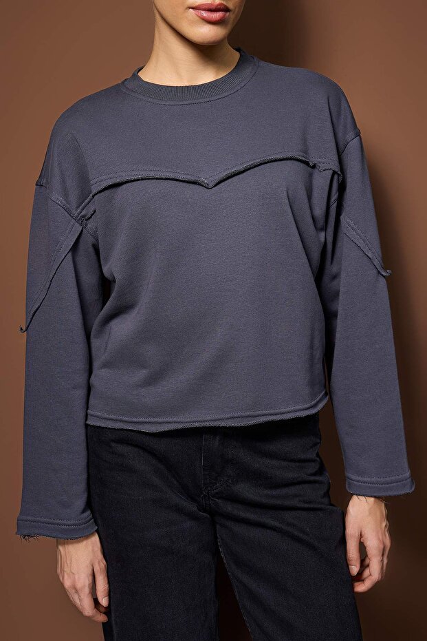Antrasit Kalın Şardonsuz İspanyol Kol Dikiş Detaylı Relaxed Örme Sweatshirt TWOAW26SW00110 - 4