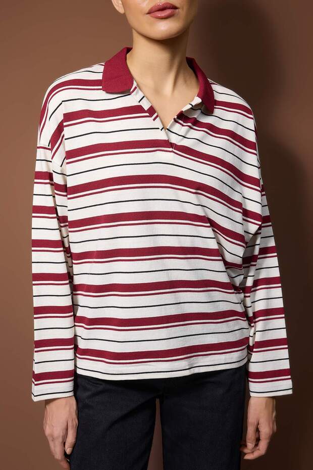 Bordo Çizgili Polo Yaka Oversize/Geniş Kalıp Örme Sweatshirt TWOAW26SW00051 - 3