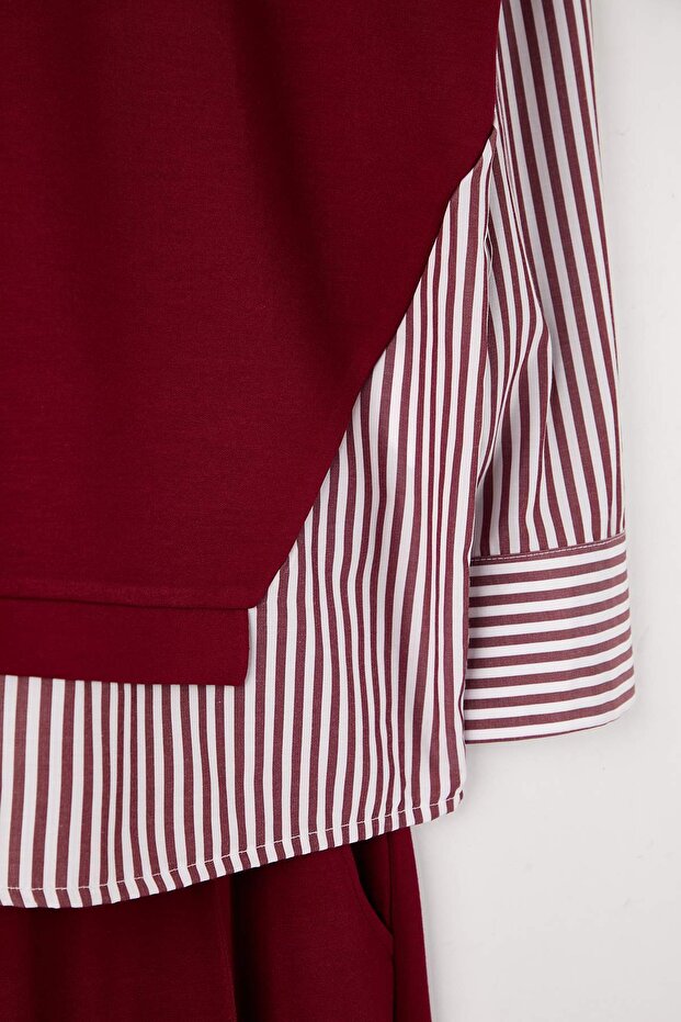 Bordo Çizgili Dokuma Kumaş Detaylı Örme Alt-Üst Takım TCTSS25US00042 - 7