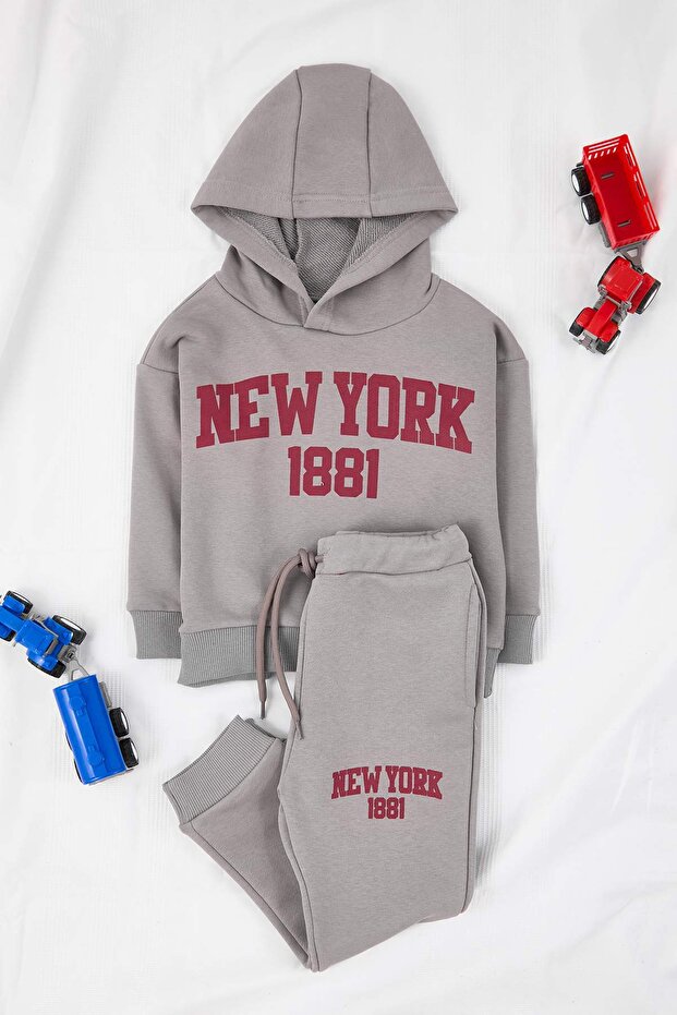 Gri Pamuklu Kapüşonlu Oversize Unisex Çocuk Sweatshirt ve Eşofman Alt - Üst Takım TKDAW26AU00003 - 2