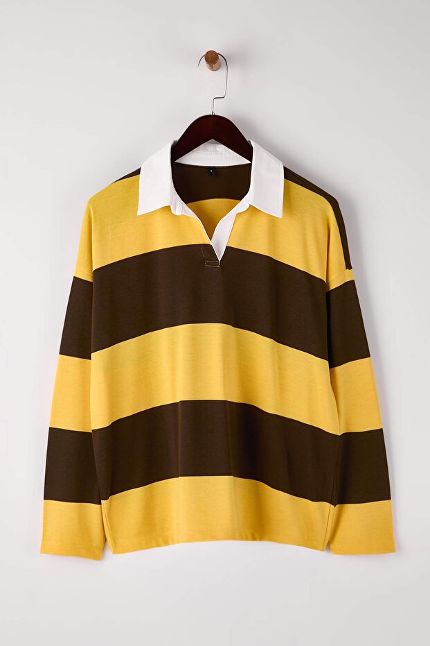 Sarı Çizgili Polo Yaka Oversize/Geniş Kalıp Örme Sweatshirt TWOAW26SW00051 - 5
