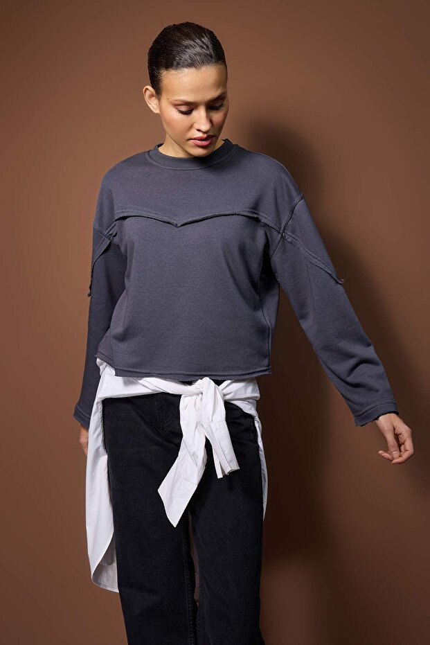 Antrasit Kalın Şardonsuz İspanyol Kol Dikiş Detaylı Relaxed Örme Sweatshirt TWOAW26SW00110 - 2