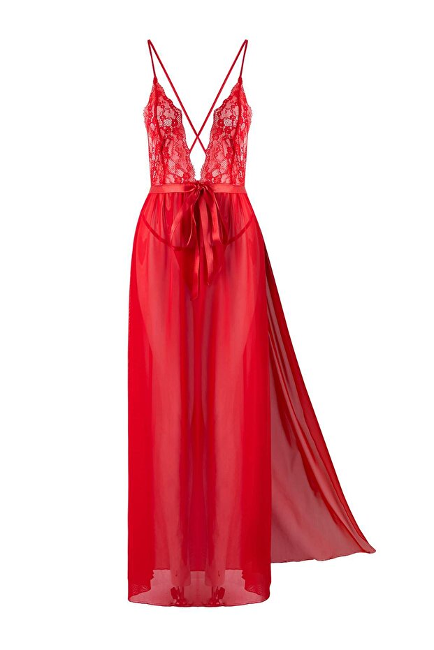 Kırmızı Kurdele/Fiyonklu, Yırtmaçlı ve Dantelli Tül Külotlu Babydoll/Fantezi Gecelik THMAW26LL00023 - 5