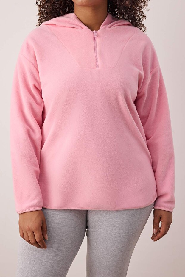 Pembe Kapüşonlu Kalın Polar Örme Büyük Beden Sweatshirt TBBAW23AO00064 - 4
