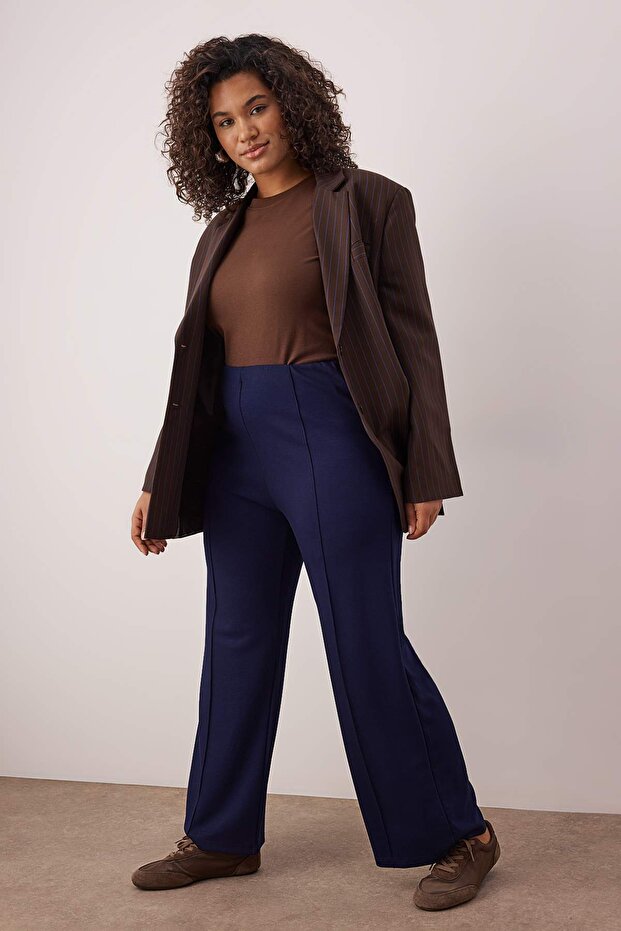 Koyu Mavi Nervür Detaylı Wide Leg/Geniş Paça Büyük Beden Eşofman Altı TBBAW26AJ00005 - 2