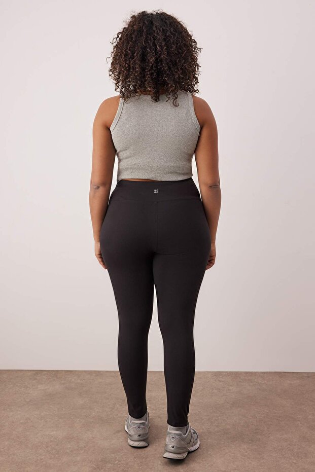 Siyah Soft Fırçalı Kumaş Reflektör Baskı Detaylı Tam Boy Örme Spor Tayt TBBAW26BV00007 - 5