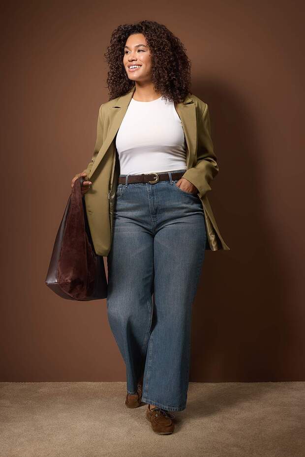Indigo Yüksek Bel Wide Leg/Geniş Paça %100 Pamuk Non-Stretch Büyük Beden Jeans TBBAW26CJ00002 - 1