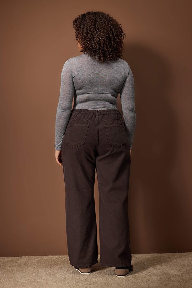 Kahverengi Beli Lastikli ve Ayarlanabilir %100 Pamuk Non-Stretch Wide Leg Jeans TBBAW26AR00018 - 5