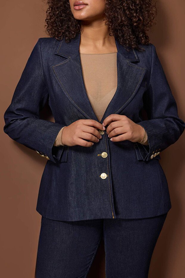 Koyu Mavi Cep Detaylı Bele Oturan Dar Kalıp Blazer Denim Ceket TBBAW26AG00042 - 3