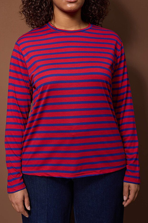 Lacivert Çizgili Regular/Normal Kalıp Basic Bisiklet Yaka Örme T-Shirt TBBAW26BF00003 - 3