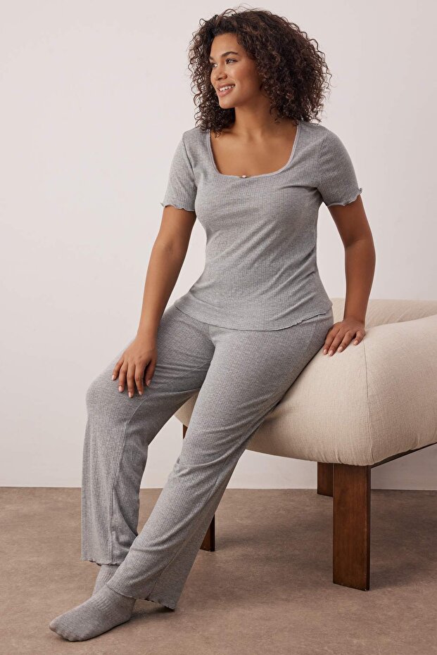 Gri Pointel Ajurlu/Delikli Örme Pijama Takımı TBBSS25AI00049 - 1