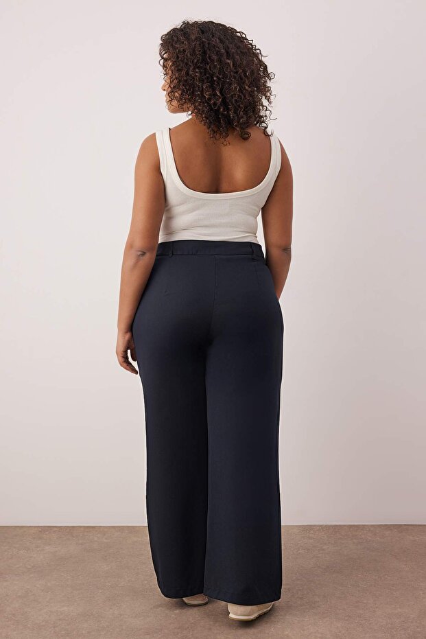 Lacivert Lastik Belli Wide Leg Büyük Beden Dokuma Pantolon TBBAW26AR00019 - 4