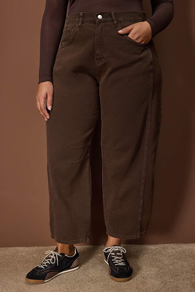 Kahverengi Yüksek Bel Bagyy Fit %100 Pamuk Non-Stretch Büyük Beden Jeans TBBSS25CJ00000 - 3