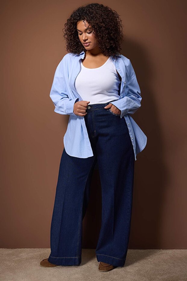 Özel Koleksiyon Koyu Mavi Cep Detaylı Straight Fit İnce %100 Pamuk Non-Stretch Jeans TBBAW26CJ00021 - 1