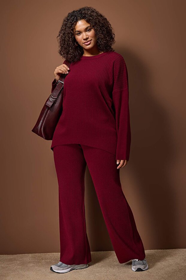 Bordo Fitilli Bisiklet Yaka Triko Kazak Pantolon Takım TBBAW23CP00044 - 2