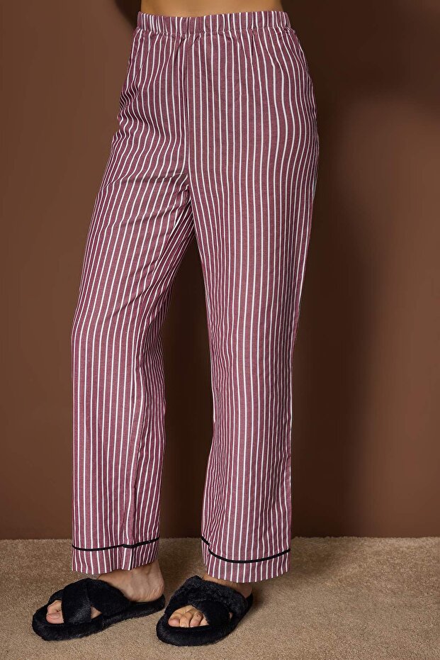 Bordo Çizgili Poplin Dokuma Pijama Takımı THMAW26PT00101 - 3