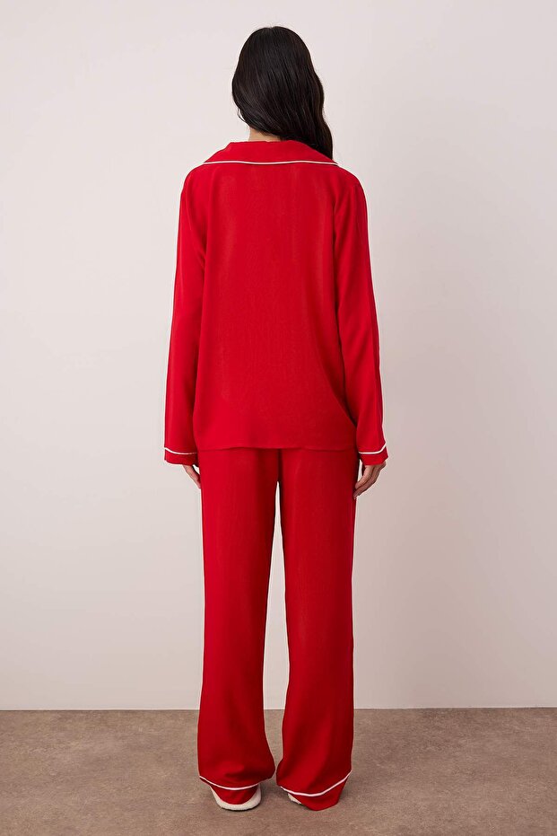 Bordo Kalp Nakışlı Biyeli Viskon Dokuma Pijama Takımı THMAW25PT00179 - 4