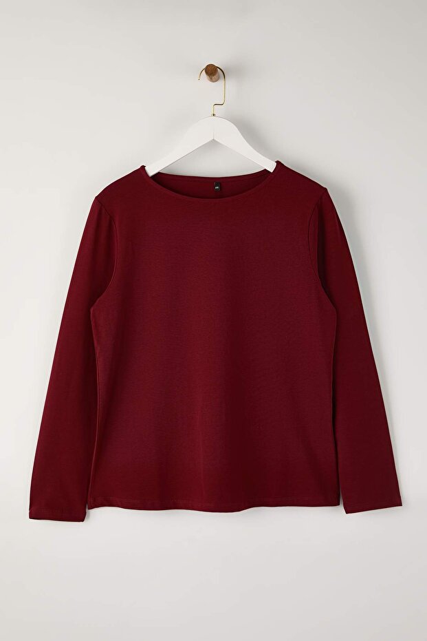 Bordo Pamuklu Kayık Yaka Fitted/Vücuda Oturan Esnek Bluz TBBAW26AF00027 - 5