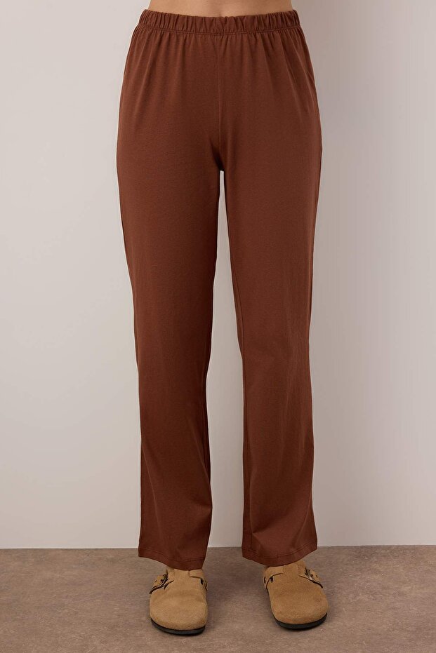 Kahverengi %100 Pamuklu Biye ve Cep Detaylı Baskılı Örme Pijama Takımı THMAW22PT0785 - 3