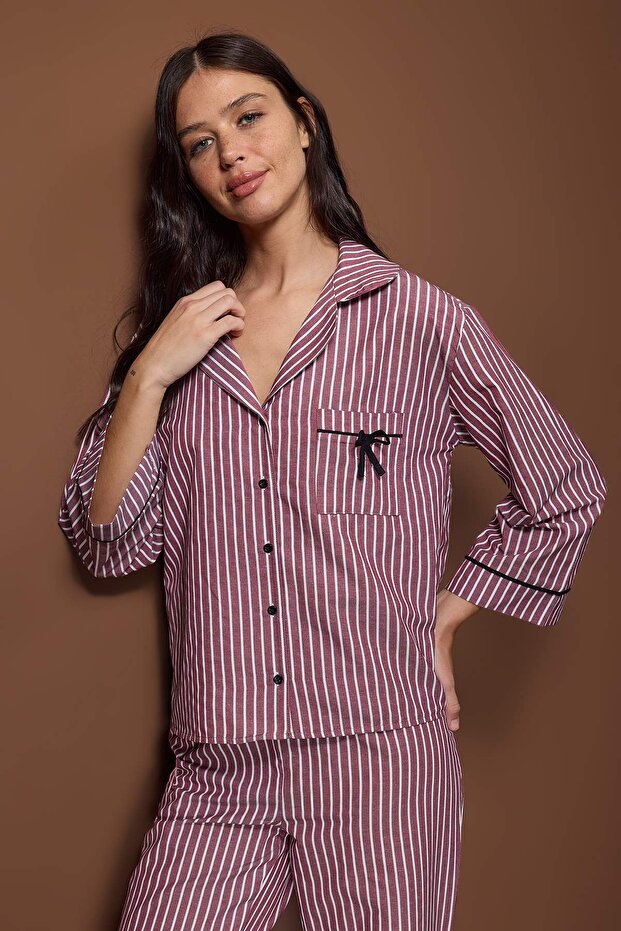 Bordo Çizgili Poplin Dokuma Pijama Takımı THMAW26PT00101 - 1