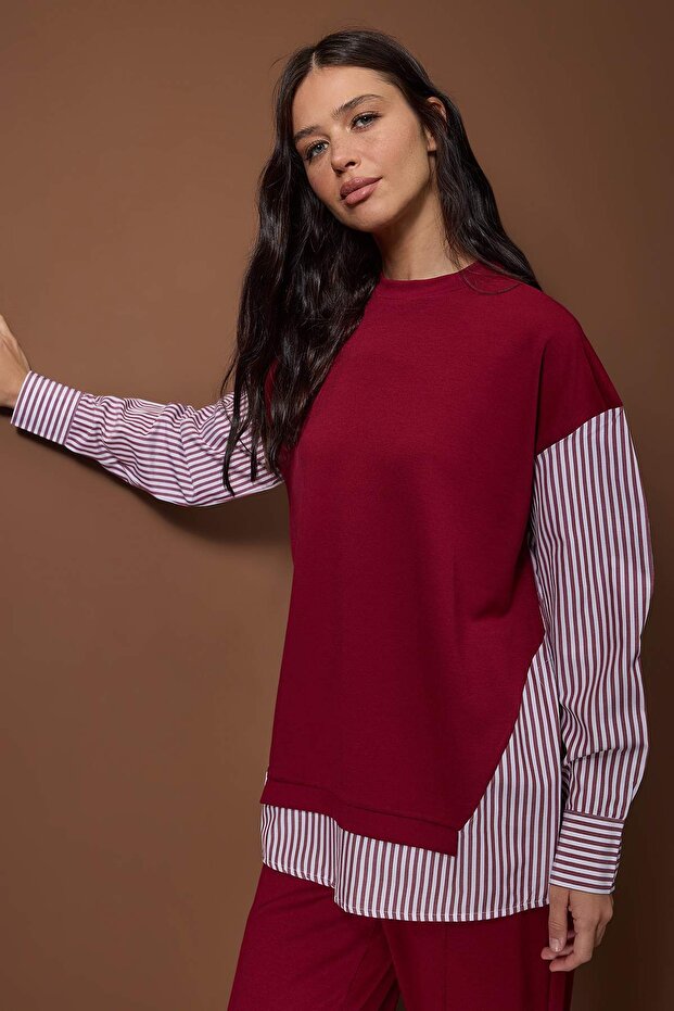 Bordo Çizgili Dokuma Kumaş Detaylı Örme Alt-Üst Takım TCTSS25US00042 - 2
