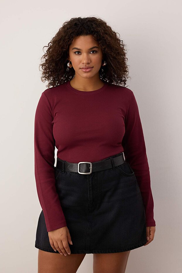 Ekru-Bordo 2'li Paket Crop Kaşkorse Örme Büyük Beden Bluz TBBAW26AF00055 - 2